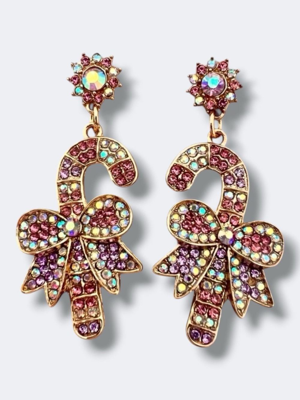 Candy Cane Gold Tone Aurora Borealis Rhinestone Dangle Fashion Earrings Bling